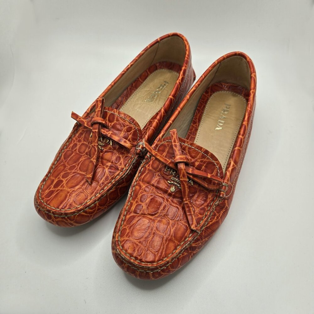 Prada Sunset Orange Crocodile Leather Loafers size 39.5